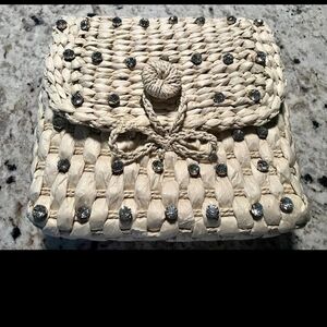 Anthropologie Cream Woven Clutch with Silver Details